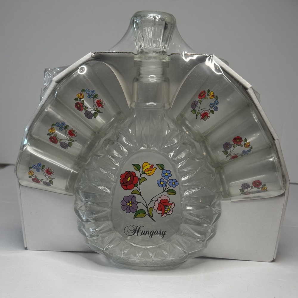 Hungarian Decanter & 6 Shot Glasses w/Traditional Floral Folk Art, New Sealed